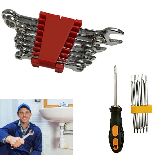 Set Di 8 Chiavi Inglesi Di Diverse Misure E 6 Cacciavite Punta A Stella E Taglio Di Varie Misure